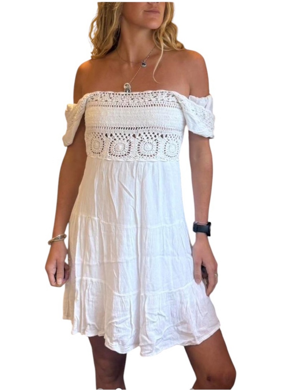 Jessica Simpson NWT white crochet bodice tiered short sleeve mini dress boho
